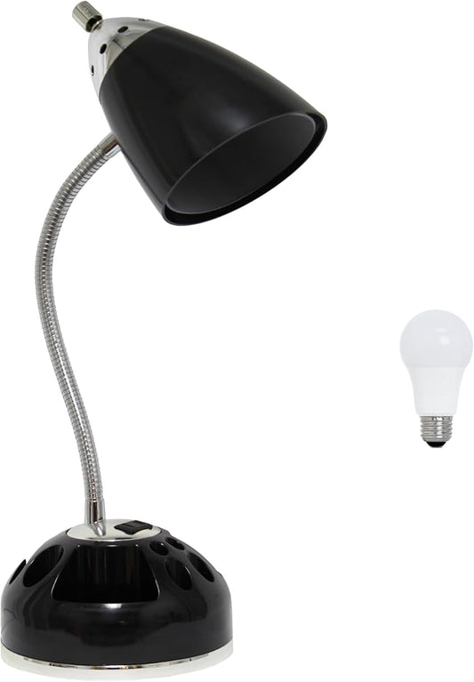 Simple Designs LD1015-BLK-LB 19.5" Flossy Organizer Desk Lamp with Charging Outlet Lazy Susan Base and LEB Bulb, Black