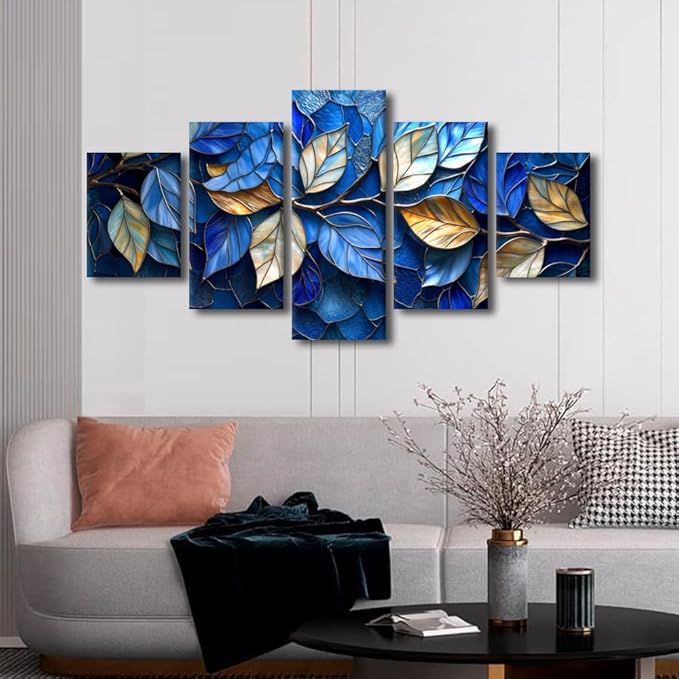 Abstract Canvas Art 5 Panel Home Wall Decor Blue and Golden Leaves Painting Prints on Canvas for Abstract Enthusiasts Living Room Office Wall Decoration Stretched and Framed Ready to Hang 60x32 in