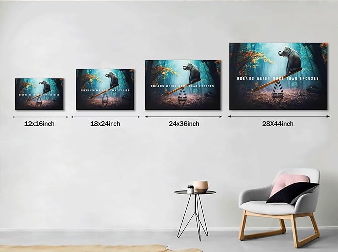 Wall Art Dreams Weigh More Than Excuses Painting on Canvas Inspirational Picture Motivational Quotes Poster Elephant and Butterfly Prints for Home Decor Living Room, Framed 12" H x 16" W