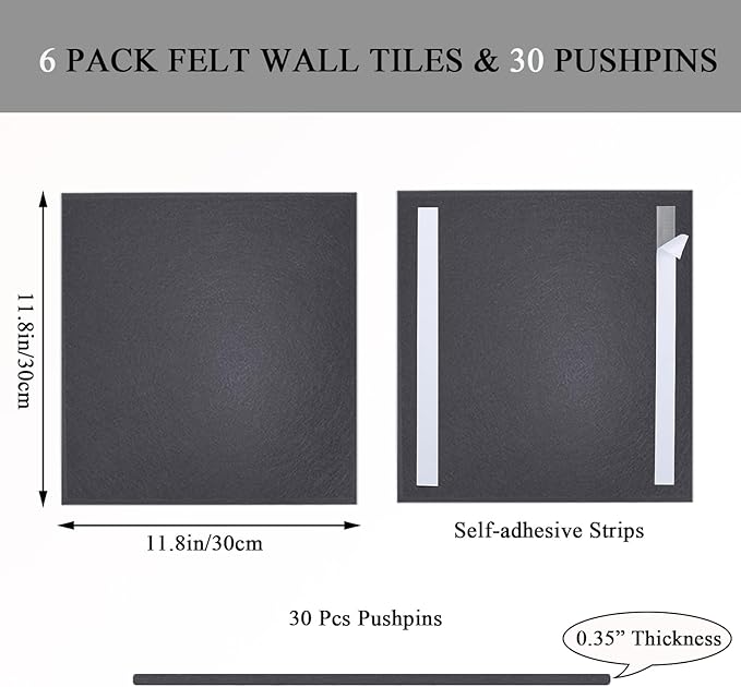 Large Cork Board for Wall 36" x 24", Gray Bulletin Board, 6 Pack Felt Cork Tiles with 30 Colored Pushpins, Corkboards for Office, School, Home