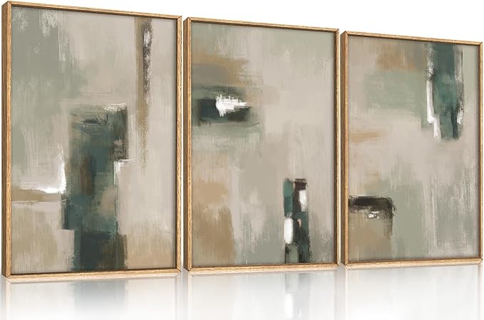 BICERE Abstract Green Brown Framed Canvas Wall Art,Modern Brush Stoke Wall Decor,Neutral Beige Grey Painting,Rustic Minimalist Artwork for Living Room,Bedroom,Dining Room,Office -12"x16"x3