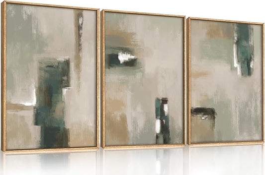 BICERE Abstract Green Brown Framed Canvas Wall Art,Modern Brush Stoke Wall Decor,Neutral Beige Grey Painting,Rustic Minimalist Artwork for Living Room,Bedroom,Dining Room,Office -12"x16"x3