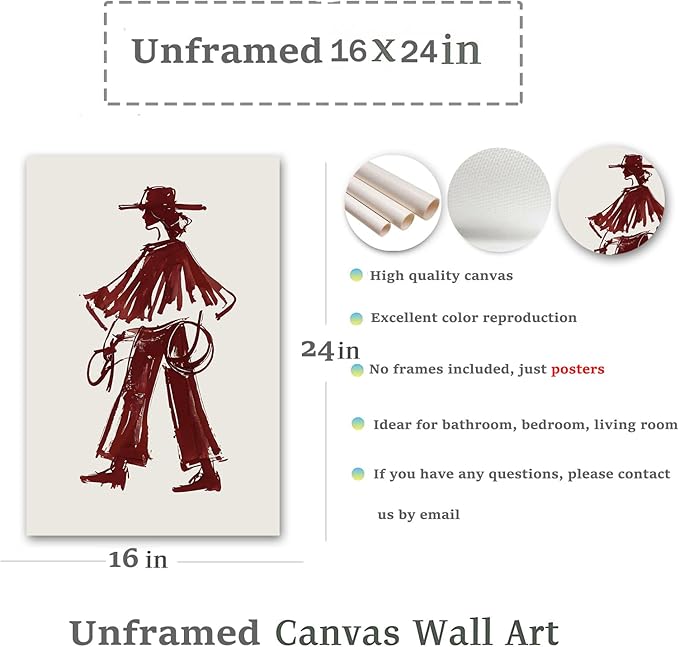 Modern Cowgirl Wall Art Trendy Eclectic Red Wine Cowgirl Poster Neutral Western Cowboys Wall Decor Cowboy Inspired Canvas Art Prints for Home Living Room Bedroom Dorm Office Decoration, Unframed