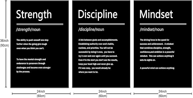 Strength Discipline Mindset Motivational 3 Piece Canvas Wall Art Posters Inspirational Entrepreneur Quote Positive Artwork for Living Room Office Wall Decoration Stretched and Framed [72''Wx 36''H]