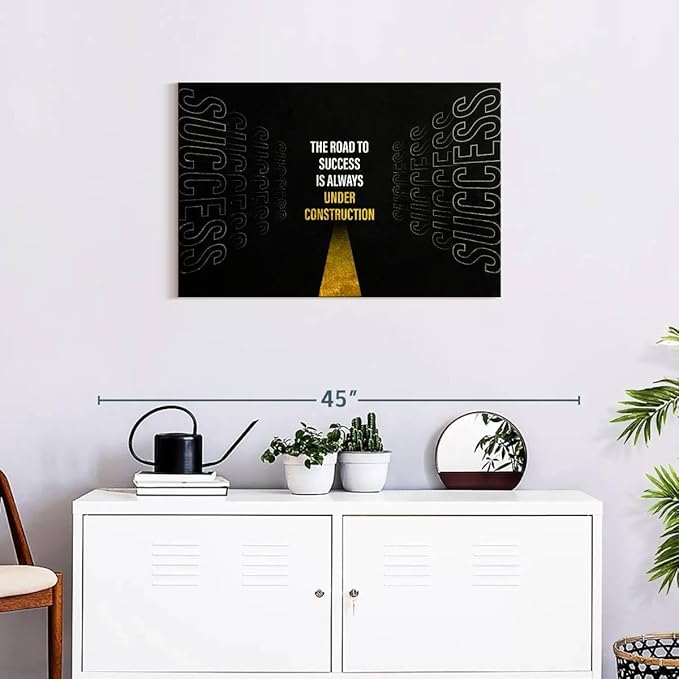 ElephantStock - Work On Your Road To Success Wall Art - Horizontal Canvas Wall Art - Home Office Wall Decor - Digital Art Inspirational And Typography Canvas Art - Black And White Decor - 30" x 20"