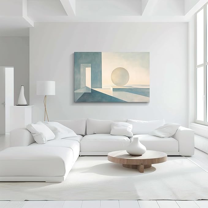 gaosoul Modern Canvas Wall Art Blue White Tranquility Geometric Abstract Oil Painting Minimalism Artwork Prints for Living Room Bedroom Office Decor Framed 48x32in