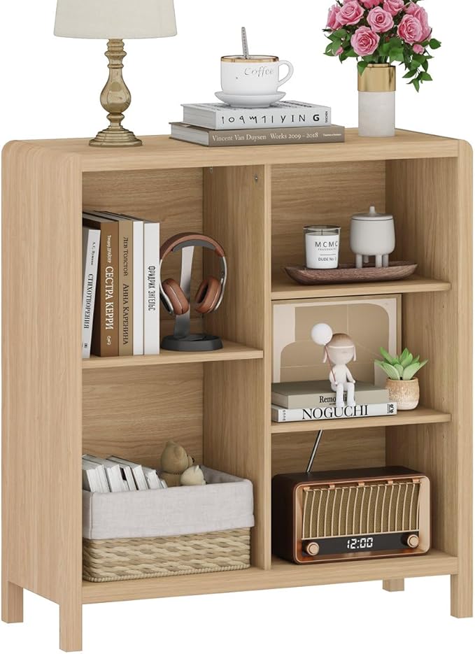 FATORRI 5 Cube Bookshelf, Wood Bookcase with 3 Adjustable Shelves, Modern Cube Storage Organizer Shelf for Home Office (Light Walnut)
