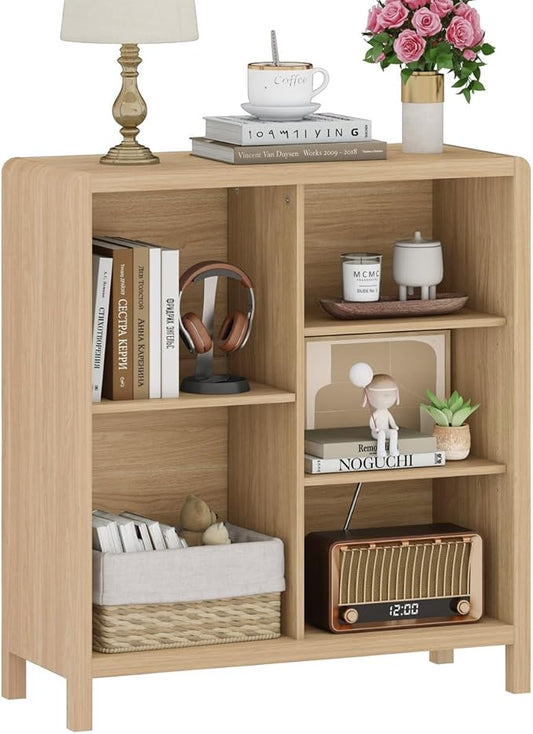FATORRI 5 Cube Bookshelf, Wood Bookcase with 3 Adjustable Shelves, Modern Cube Storage Organizer Shelf for Home Office (Light Walnut)