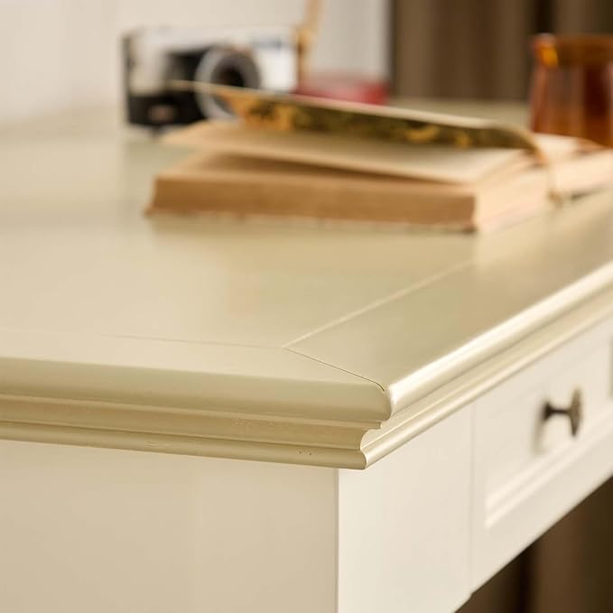 Beige Writing Desk with Drawer, 35" Solid Wood French Country Style Computer Desk for Home Office, Living Room Study or Workspace