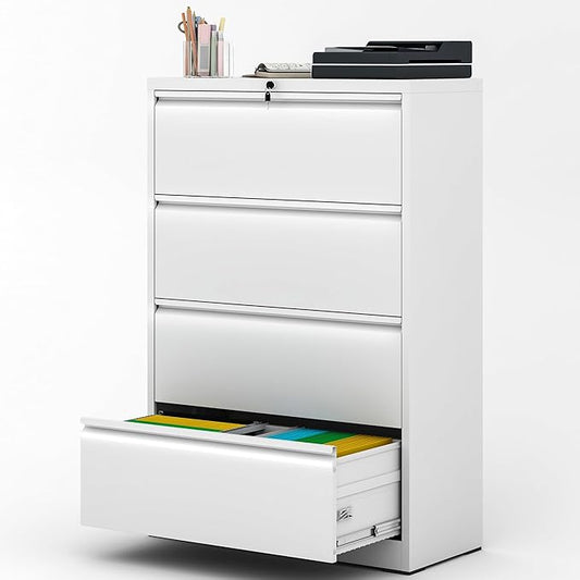 File Cabinet with Lock, 4 Drawer Lateral Filing Cabinet for Home Office, Metal Heavy Duty File Cabinets for Hanging Letter/Legal/F4/A4 Size Files, Assembly Required (White)