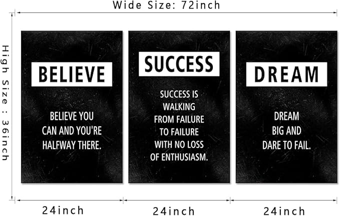 3 Panel Motivational Canvas Wall Art, Positive Office Wall Decor Believe Success Dream Inspirational Quote Poster Uplifting Prints Framed Black Picture Artwork for Bedroom Living Room Home, 24"x36"x3