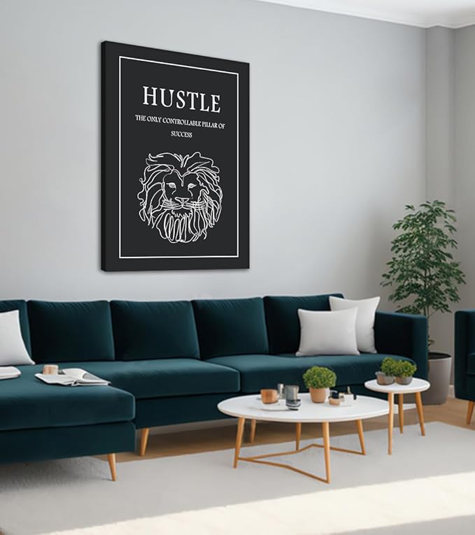 Hustle Motivational Wall Art, Black and White Lion Head Canvas Print with Inspirational Quotes Wall Decor, Encouraging Success Painting for Office Living Room Home Gym Workplace, Framed 28x44 in