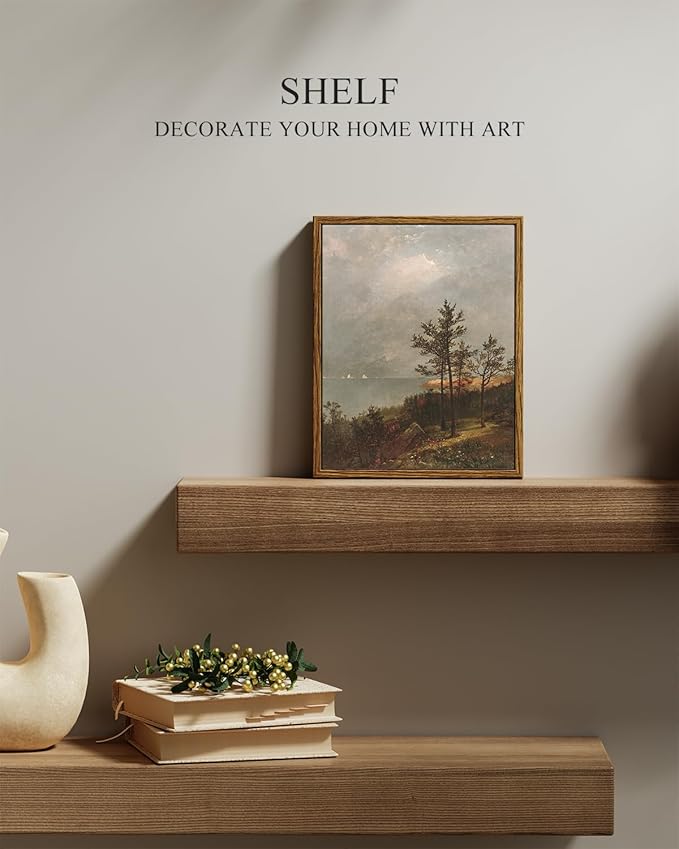 InSimSea Framed Canvas Print Art, Vintage Lakeside Pine Forest Landscape Painting, Rustic Farmhouse Cottage Decor for Hallway Wall Floating Shelf Desk Vanity Fireplace,10x8in, Neutral Tones