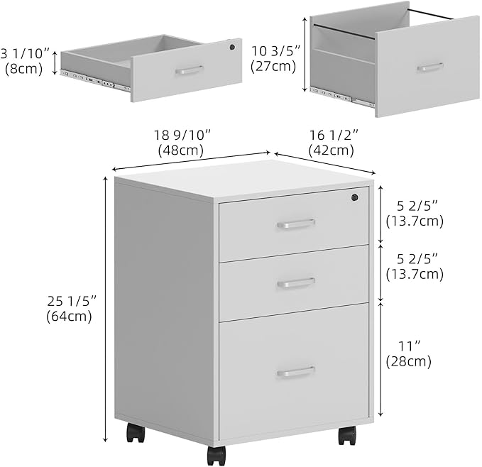 Need 3 Drawer Wood Mobile File Cabinet with Lock,Rolling Filing Cabinet for Letter/A4 Size for Home Office,White,10CZLXFC04WT-ND-XIN