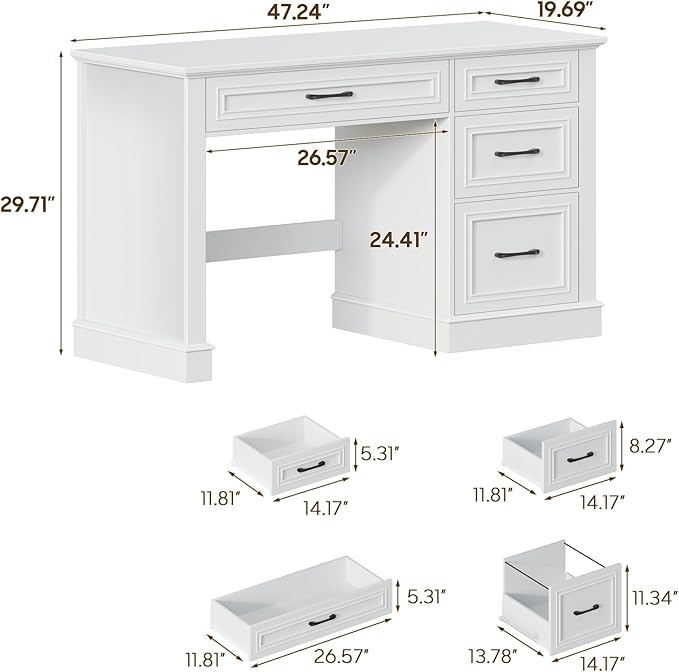 Farmhouse 47" Executive Desk with 4 Drawers, Computer Desk with File Drawer, Workstation for Study, Home Office, Writing, Cream White.