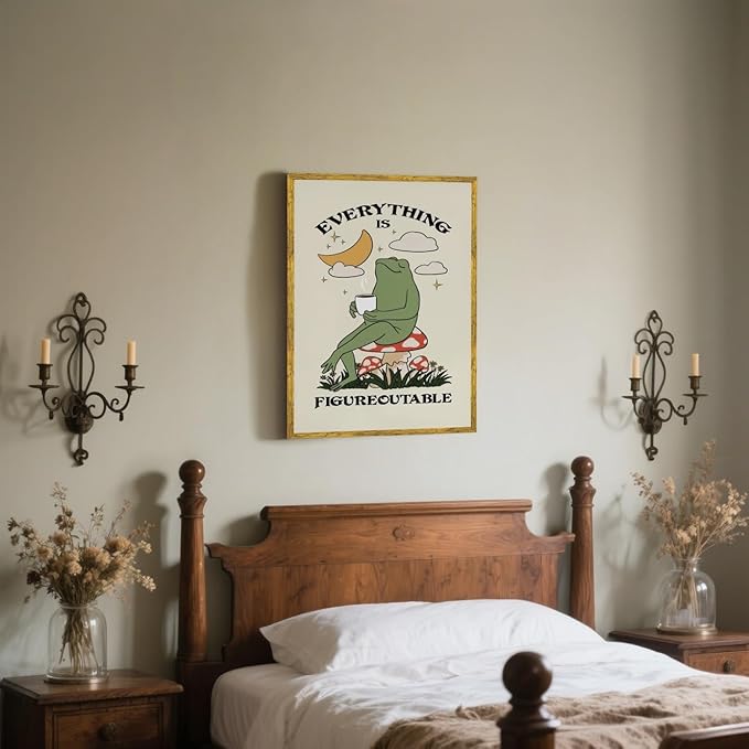 Everything Is Figureoutable Motivational Wall Art Funny Frog Coffee Inspirational Poster Positive Quote Daily Reminder Canvas Print Affirmation Wall Decor for Home Office 16x24inch Golden Framed