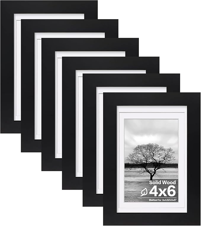 Egofine 4x6 Set of 6, Made of Solid Wood Covered by Plexiglass 3x4.5 and 3.5x5 with Mat or 4x6 without Mat, for Table Top Display and Wall Mounting Photo Frame, Black