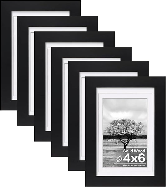 Egofine 4x6 Set of 6, Made of Solid Wood Covered by Plexiglass 3x4.5 and 3.5x5 with Mat or 4x6 without Mat, for Table Top Display and Wall Mounting Photo Frame, Black