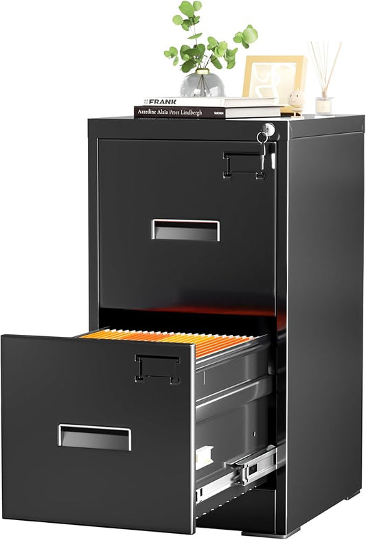 Incbruce 2 Drawer File Cabinet, Metal File Storage Cabinet with Lock, Vertical Filing Cabinet with Adjustable Hanging Frame for Home Office, Easy Assemble (Black)