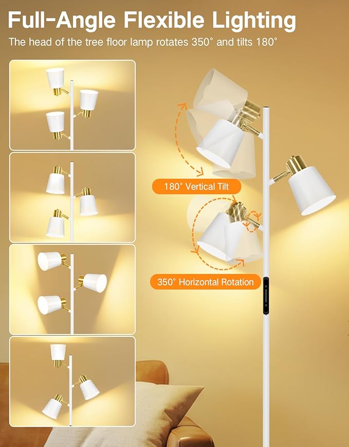 OUTON Tree Floor Lamp, LED Dimmable Floor Lamp with Remote and Touch Slide Control, 4 Color Temperatures, 3 Rotatable Lights, Modern Standing Lamp for Living Room Bedroom Office,White & Gold