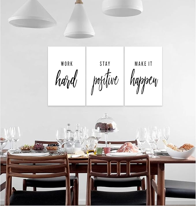 3 Piece Inspirational Wall Art, White Motivational Mindset Picture, Quote "Work Stay Make It" Canvas Print for Office Decor, Triptych Entrepreneur Poster Framed Artwork for Gym Wall Decor (48"Wx24" H)