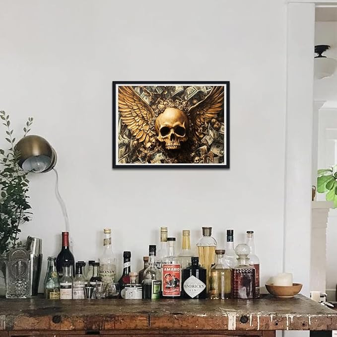 Dollar Wall Art Skull Wings Money Posters Wall Decor Dark Gothic Mysticism Style Canvas Print Artwork for Office Living Room Decor Ready to Hang 12X16inch
