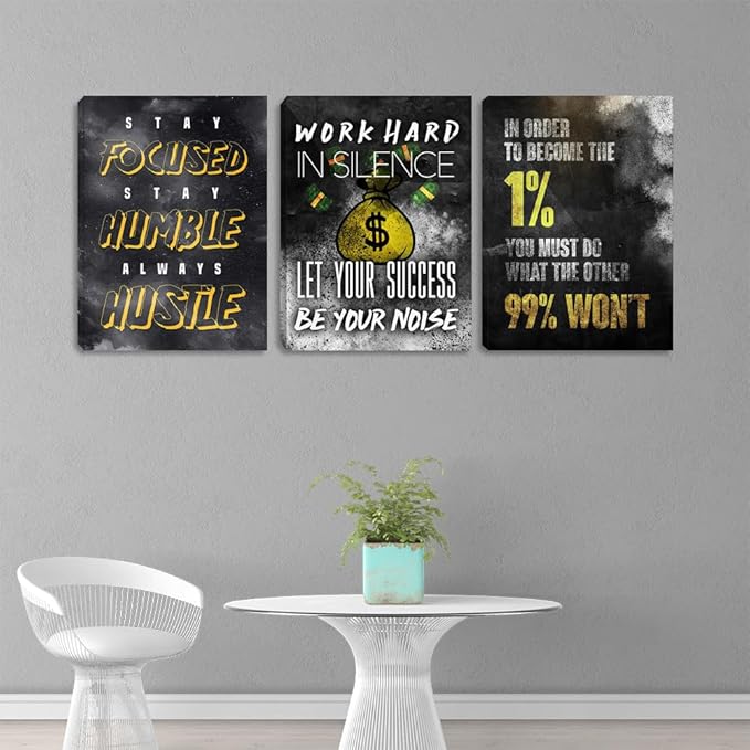 Motivational Canvas Wall Art Inspirational Office Wall Art Hustle Posters Wall Decor Entrepreneur Success Quote Paintings Picture 3 Pieces Artwork for Bedroom Home Decor Framed Decorations(48"Wx24"H)