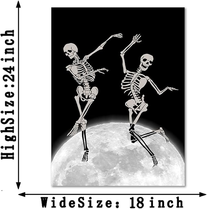 Skeleton Wall Art - Funny Two Skeletons Dancing on Moon Prints Poster Modern Black White Canvas Painting Dark Humor Gothic Wall Decor for Bedroom Living Room Bathroom Home Office, Framed 18"x24"