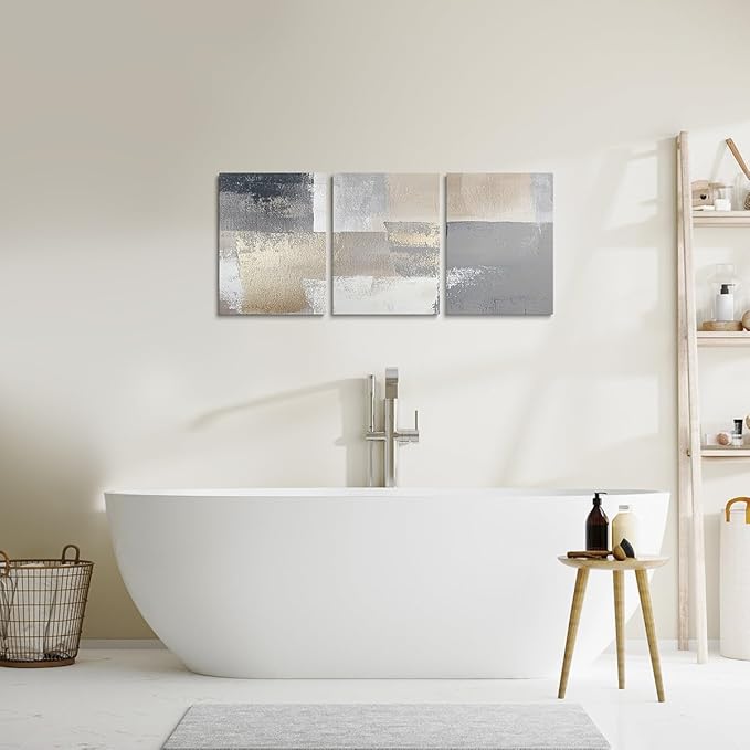 jejeloiu 12"x16"x3pcs Abstract Oil Painting Office Decorations Artwork Posters Abstract Art 3 Piece Canvas Wall Art for Living Room Bedroom Beige White Modern Picture Wall Decor