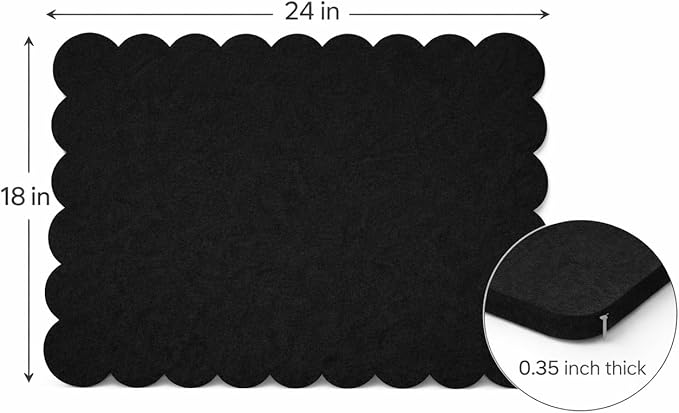 Scalloped Felt Bulletin Board 24x18 in, Thick PET Felt Pin Board, Heat-Pressed Flat, Self-Adhesive Mount, Push Pin Friendly Photo/Card Display for Home, Office, Crafts, Planning, Jewelry (Black)