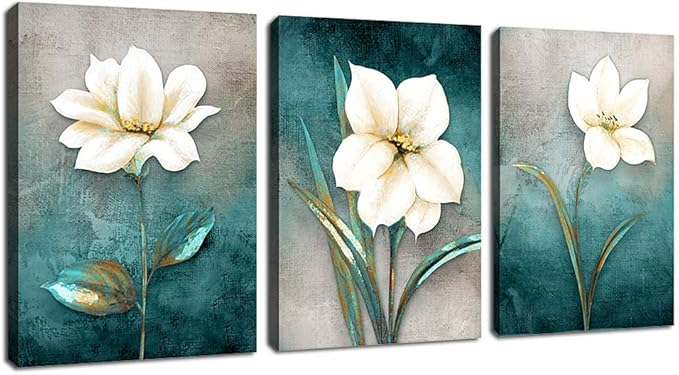 Flower Canvas Wall Art Cream White Floral Wall Decor Turquoise Tealish Grey Background Canvas Picture Modern Rustic Artwork Bathroom Bedroom Living Room Home Office Decoration 12" x 16" x 3 Pieces