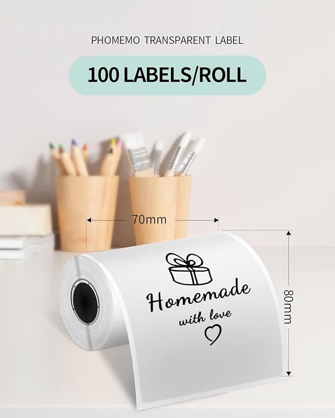 Phomemo M220 Label Maker Green & 1 Roll Transparent Thermal Label 2.76" x 3.15"(70x80mm), Upgrade 3 Inch Barcode Portable Printer, for Office & Small Business, Compatible with Phones&PC