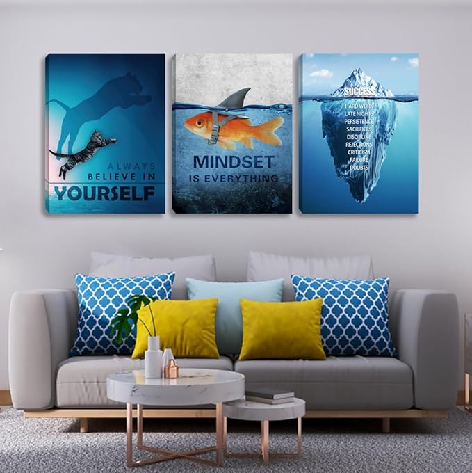 Unbruvo Motivational Wall Art for Office, 3 Pieces Cat Glacier Fish Canvas Print, Inspirational Quotes Wall Decor for Living Room, Bedroom, Dorm-(48''Wx 24''H)