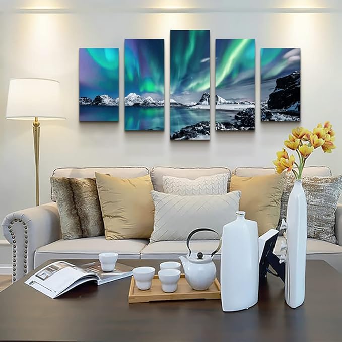 Large Canvas Wall Art Set - Blue Aurora Scenery Paintings for Living Room, Bedroom & Office - Modern Canvas Art Prints Ready to Hang - 5 Piece Set