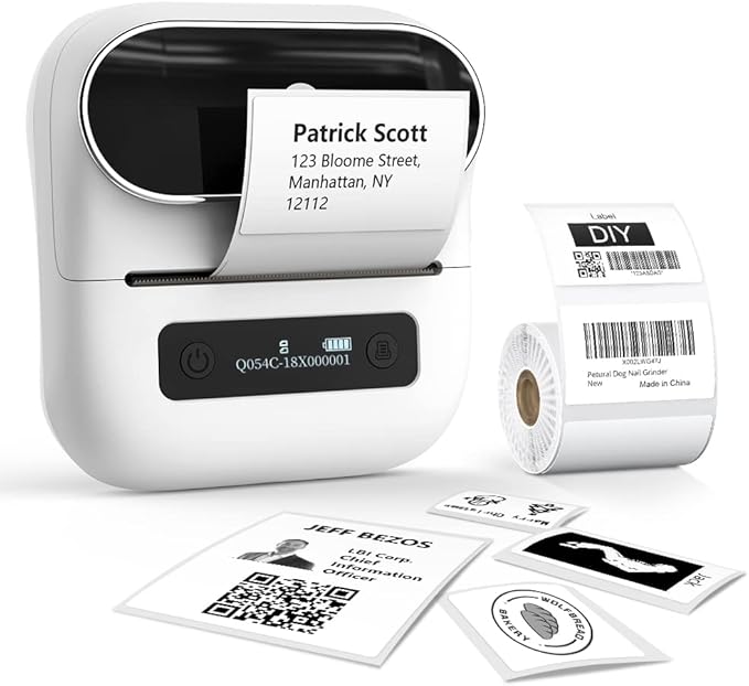 Phomemo M220 Label Maker White & 1 Roll Transparent Thermal Label 1.96"x1.18"(50x30mm), Upgrade 3 Inch Barcode Portable Printer, for Office & Small Business, Compatible with Phones&PC