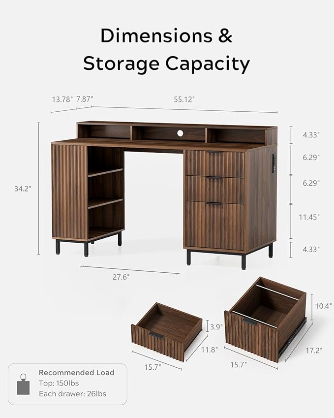 Brown Fluted Executive Desk with Storage Shelf & File Drawer, 55" Modern Wood Office Desk with Monitor Stand & Charging Station, Home Writing Computer Table for Work Study