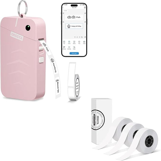 ORGSTA S001 Label Maker Machine with Tape, Portable Bluetooth Label Maker for Home and Office Organization, Thermal Label Printer Mini Printer with 3 Roll Continuous Label Tapes - White