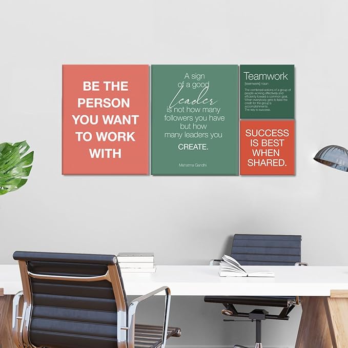 YEOION Inspirational Office Wall Art for Women,Motivational Teamwork Wall Decor for Office,Orange and Green Postive Quote Workplace Canvas Wall Art for Set of 6