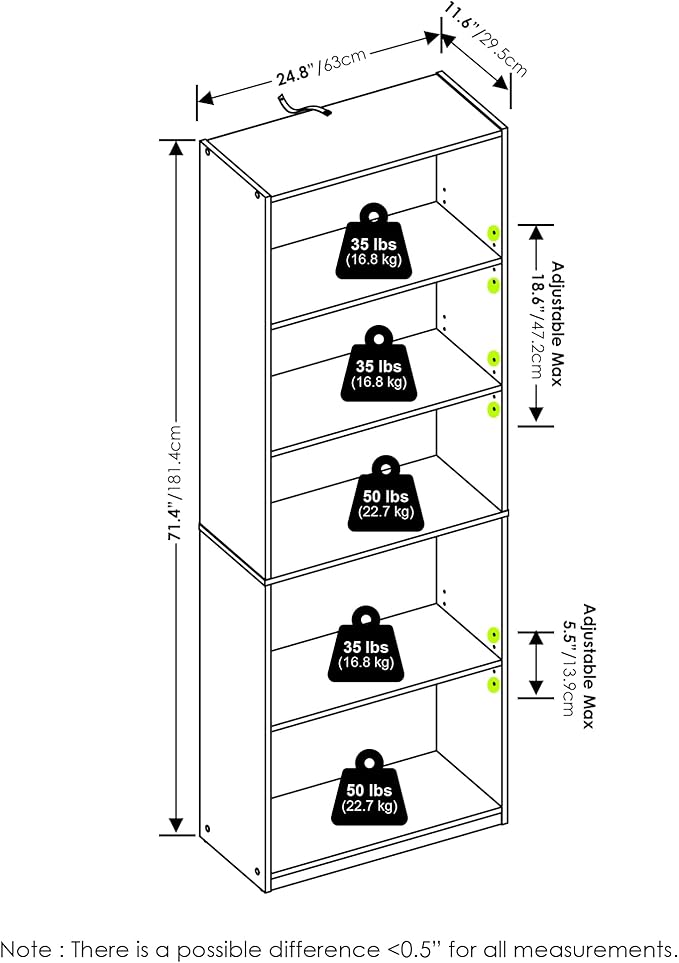 Furinno GEHRY Book Shelf, 5-Tier Bookshelf, Bookcase, with Adjustable Shelves, 11.6 x 24.8 x 71.4, for Home Office, Living Room, Darkwood