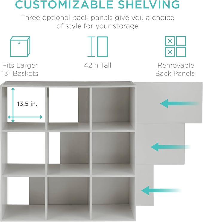 Best Choice Products Kids Bookcase 9-Cube Storage Organizer, 13.5in Shelf Opening, Bookshelf, Toy Storage, Customizable w/ 3 Removable Back Panels – Gray