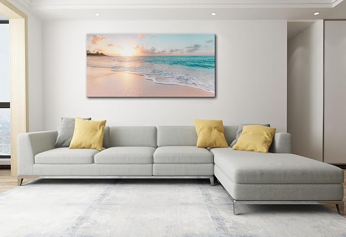 OKEXCKK Beach Large Canvas Wall Art - Sunset Scene Picture Painting Print for Office, Bedroom, Living Room Decoration, Large Coastal Artwork for Wall Decor 29"x58"