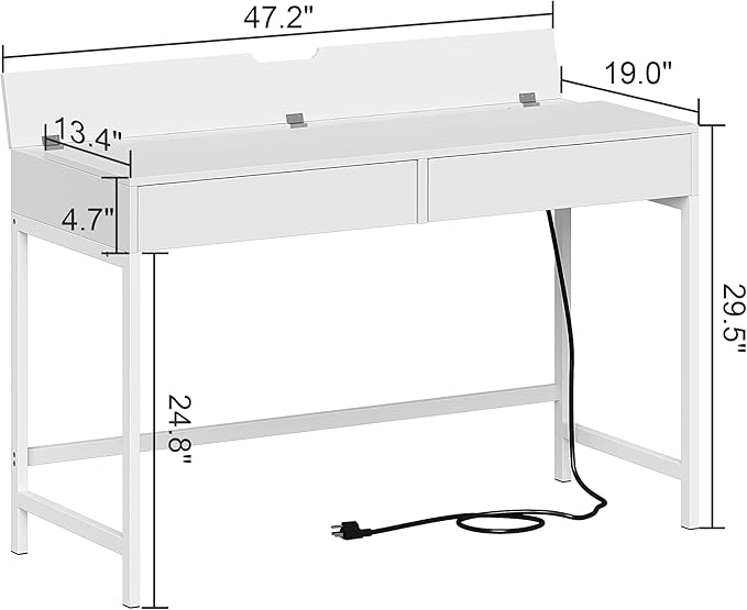 Treocho White Desk with USB Charging Ports and Power Outlets, Modern Simple 47 inch Computer Desk with 2 Drawers, Vanity Table, Makeup Table for Home Office, Bedroom