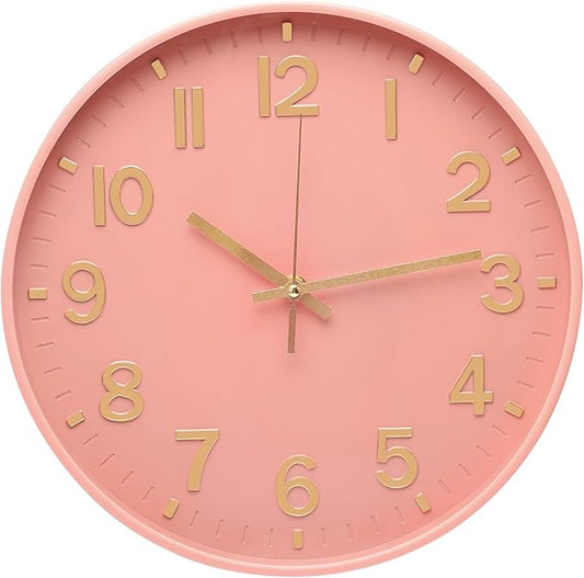 Wall Clock 12 Inch Pink Modern Simple Quartz Decorative Clock Non-Ticking Silent Battery Operated Round Wall Clocks Trendy and Practical Best Gift for Living Room Bedroom Kitchen Office