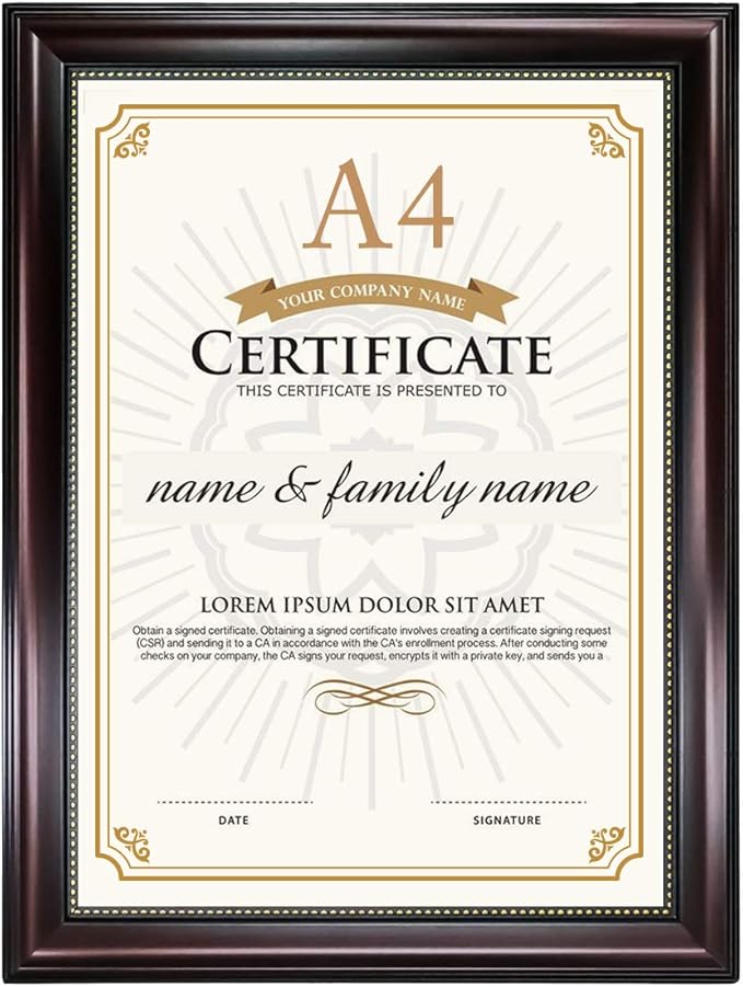 GraduationMall A4 Certificate Document Frame, UV Protection Acrylic, Mahogany with Gold Beads