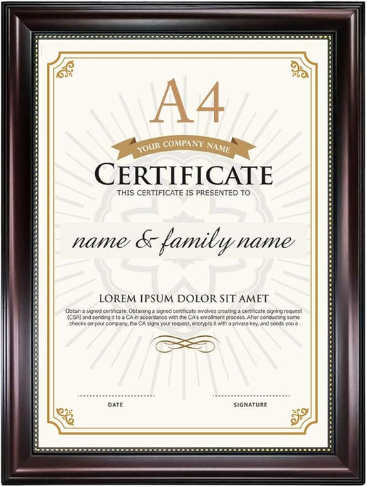 GraduationMall A4 Certificate Document Frame, UV Protection Acrylic, Mahogany with Gold Beads