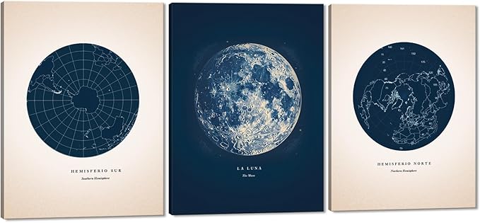 3 Piece Astronomy Wall Art - Star Map Canvas Painting Moon Wall Decor Navy Blue Constellation Picture Lunar Phases Prints Poster for Bedroom Bathroom Office Stretched Framed Ready to Hang 24"x36"x3Pcs