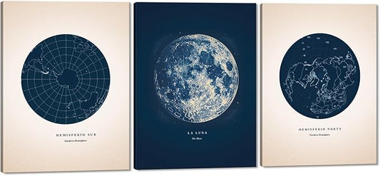 3 Piece Astronomy Wall Art - Star Map Canvas Painting Moon Wall Decor Navy Blue Constellation Picture Lunar Phases Prints Poster for Bedroom Bathroom Office Stretched Framed Ready to Hang 24"x36"x3Pcs