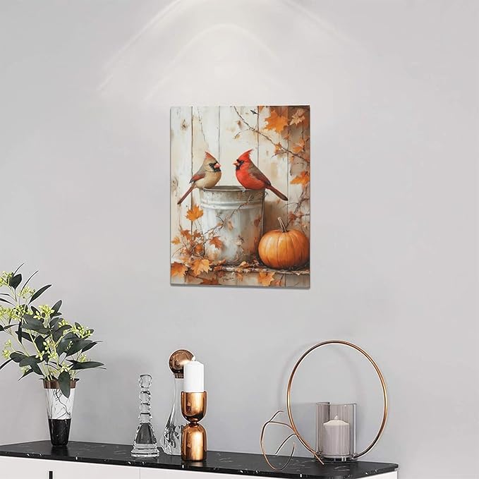 Fall Cardinal Wall Art Autumn Pumpkin Leaf Pictures Wall Decor Cardinals Canvas Painting Modern Artwork Home Decoration for Living Room Bathroom Bedroom Office Framed 12"x16"