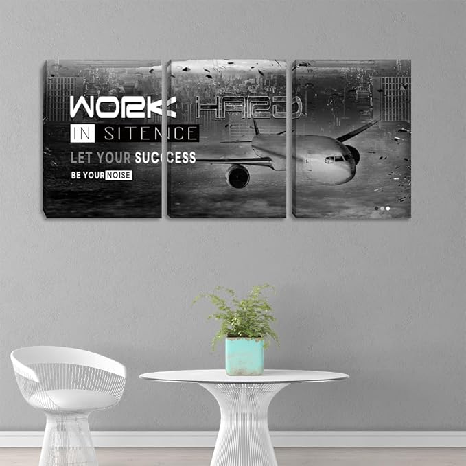 Motivational Framed Canvas Wall Art Success Quote Office Wall Art Black Positive Poster Set of 3 Prints Plane Inspirational Print Entrepreneur Workplace Workout Room Decor(48" Wx24 H)