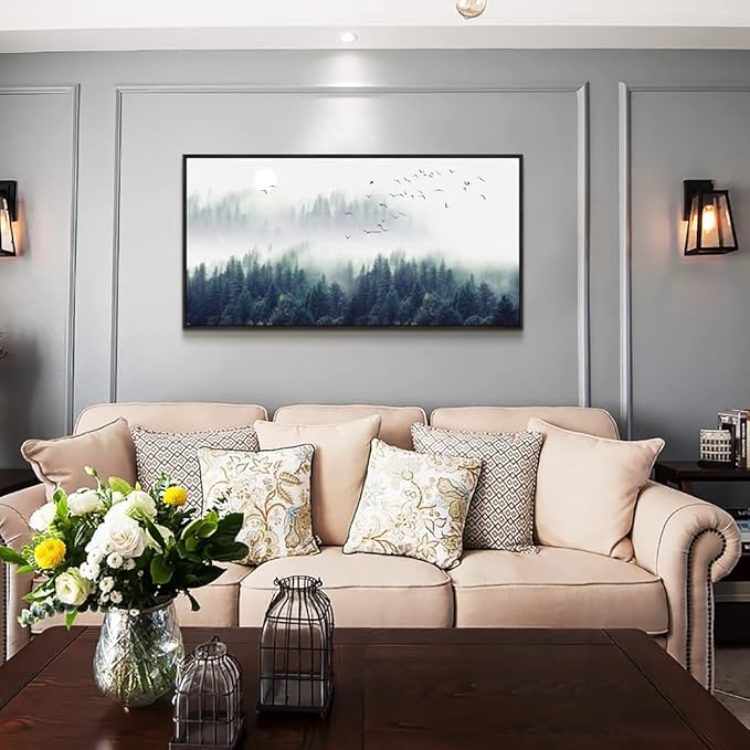 Framed Wall Decor Living Room Large Size Canvas Wall Art For Bedroom Foggy Forest Trees Landscape Painting Office Decorations Boho Home Decor Pictures Artwork Black Wood Framed 24" X 48"